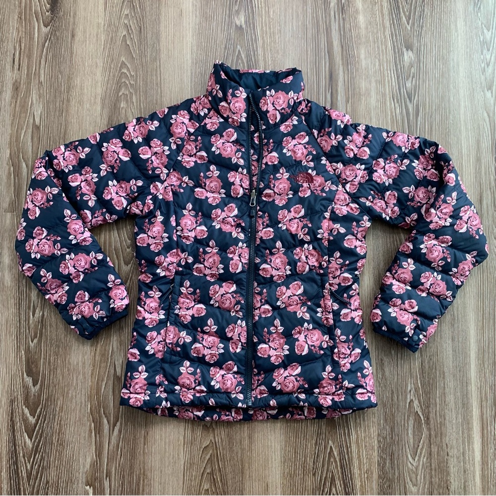 The North Face Womens Down Full Zip Puffer Jacket Floral Print Navy Pink Small